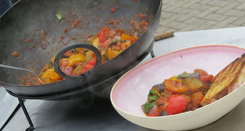 Mediterranean vegetable stew cooked on the Kadai Indian fire bowl